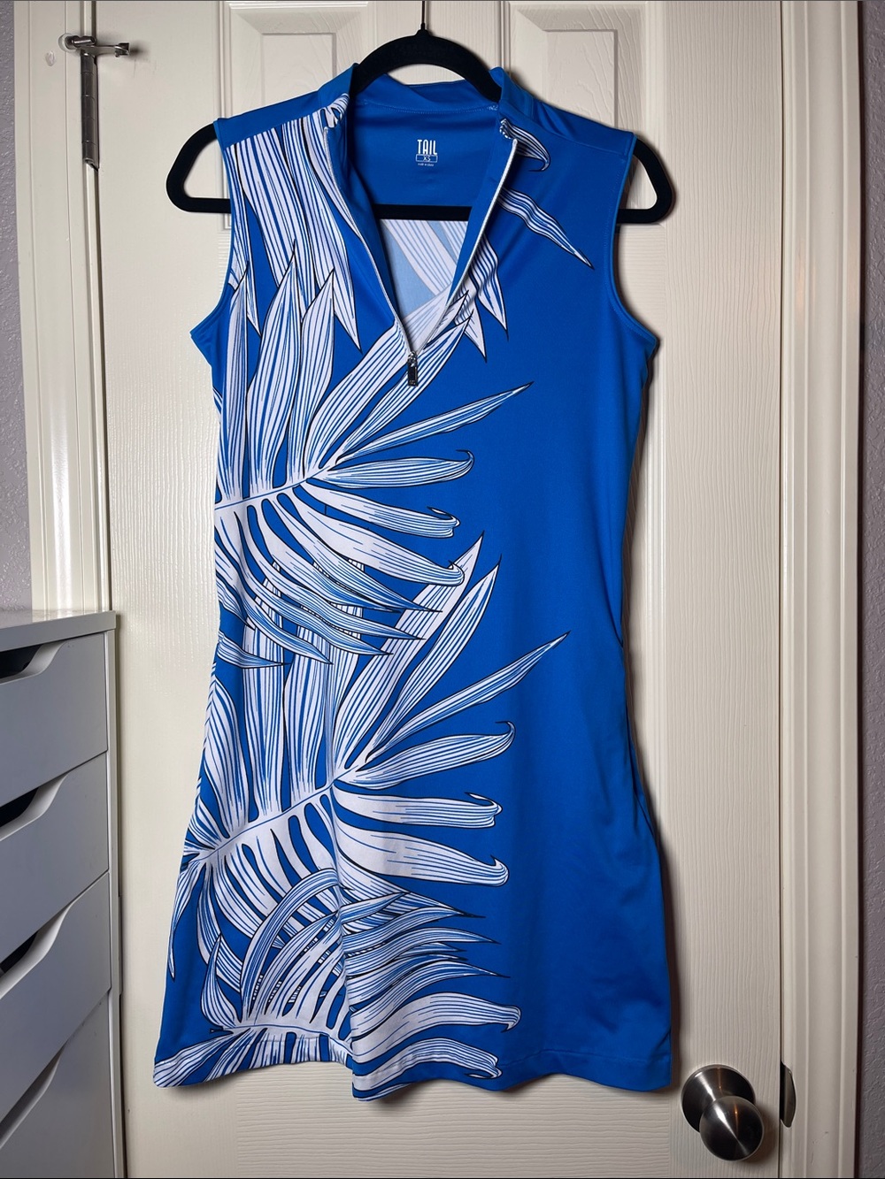 TAIL Blue Sleeveless Palm-Print Zip Front Swim Dress